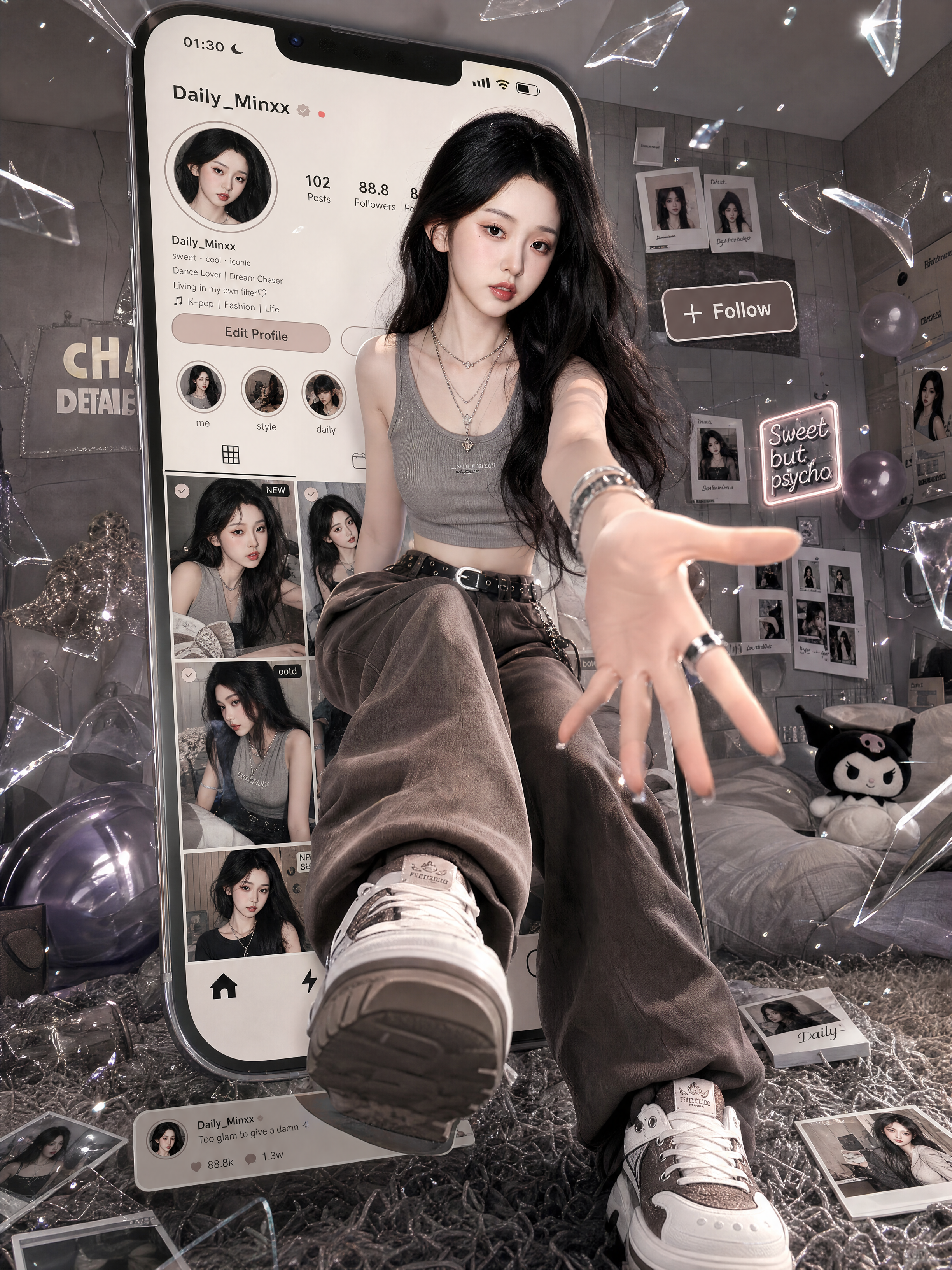 使用照片人物做一張超吸睛的 3D pop-out social media portrait poster，畫面主體是一…