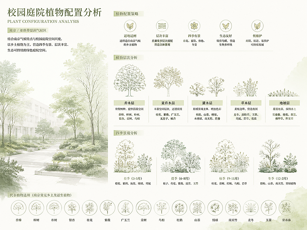 帮我制作一张校园庭院的植物配置分析图，淡绿色为基础色调。我要可以直接放进展板里。不要平面图，只做植物分析。场地在南京。要…