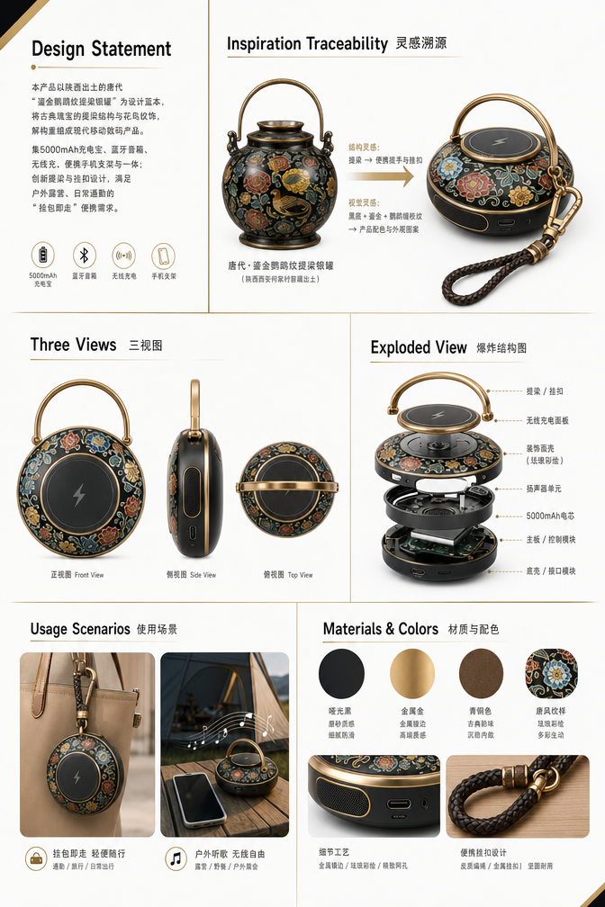 一款结合了无线充电宝与蓝牙音箱的多功能便携设备，设计灵感来源于中国古代银罐，带有集成提手，外观为带弧形提梁的圆饼形状，去…