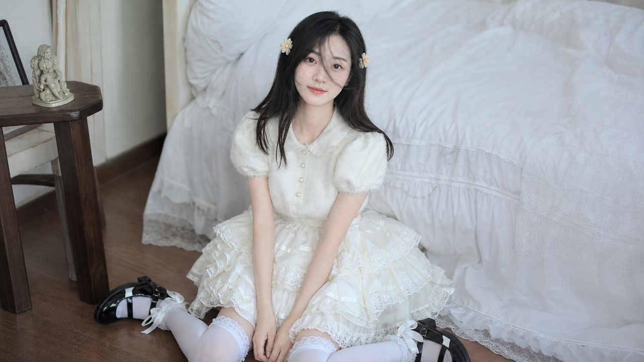 真实系韩系轻Lo少女写真，冷白皮但保留真实肤色起伏与轻微泛红，淡粉裸妆，轻微卧蚕与真实毛孔纹理，不过度磨皮，整体气质干净…