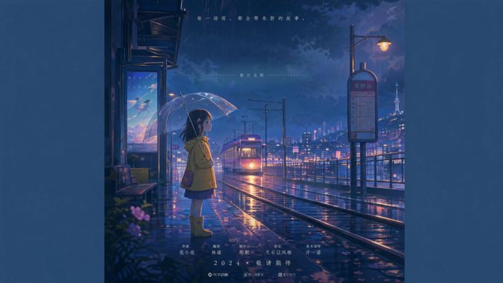 做一张原创动画电影海报，一个小女孩撑透明雨伞站在电车站台。