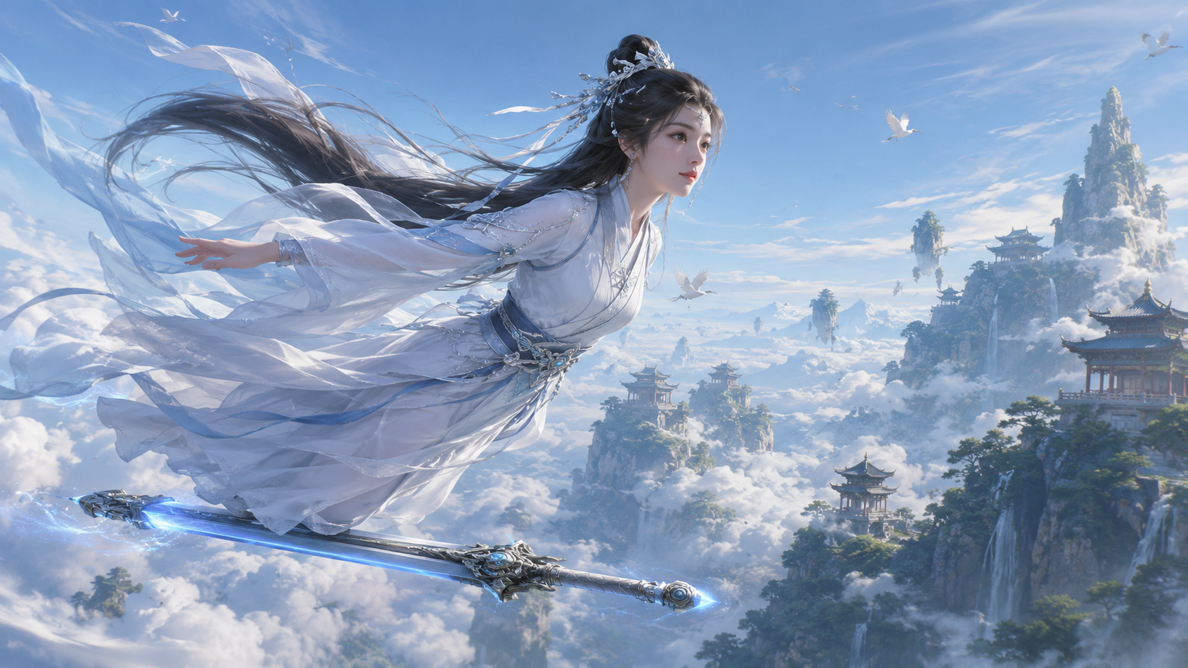 一个东方修仙女子，在天空御剑飞行