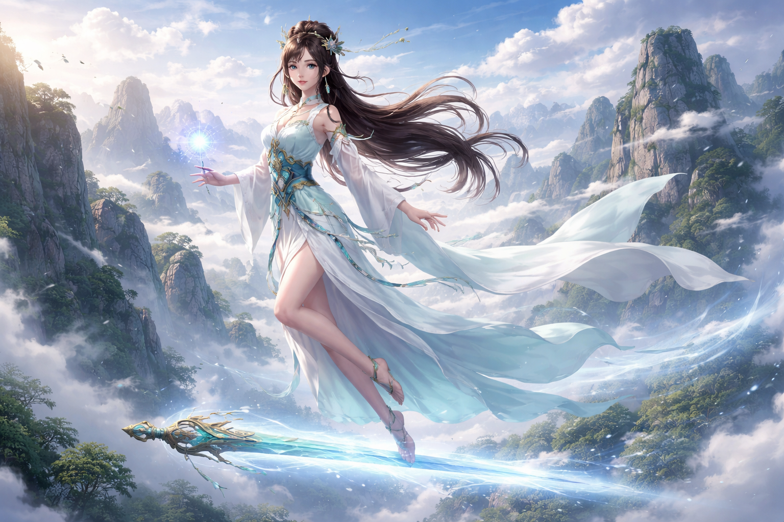 一个东方修仙女子，在天空御剑飞行
