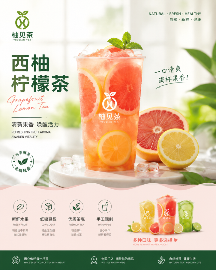生成完整高端的品牌运营图 ，产品是西柚柠檬茶，中间是主图，下面放一些设计，原创一个品牌logo，比例3:4，8K高清