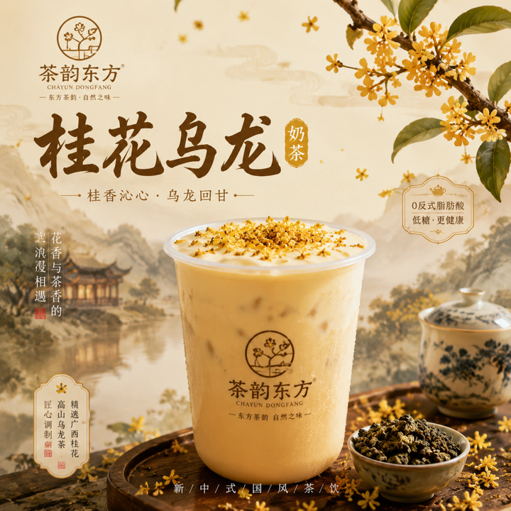 生成一张国风奶茶海报，桂花乌龙奶茶，原创一个品牌logo，比例3:4，8K高清