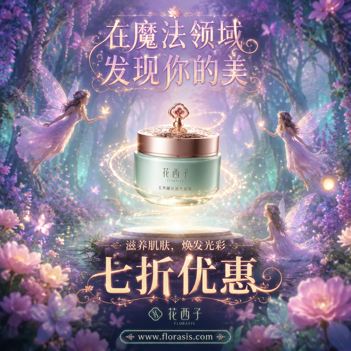 为一款花西子美容产品的促销制作一张有创意的宣传图片。图片要有富有想象力的概念。例如，让美容产品漂浮在一个充满发光花朵和小…