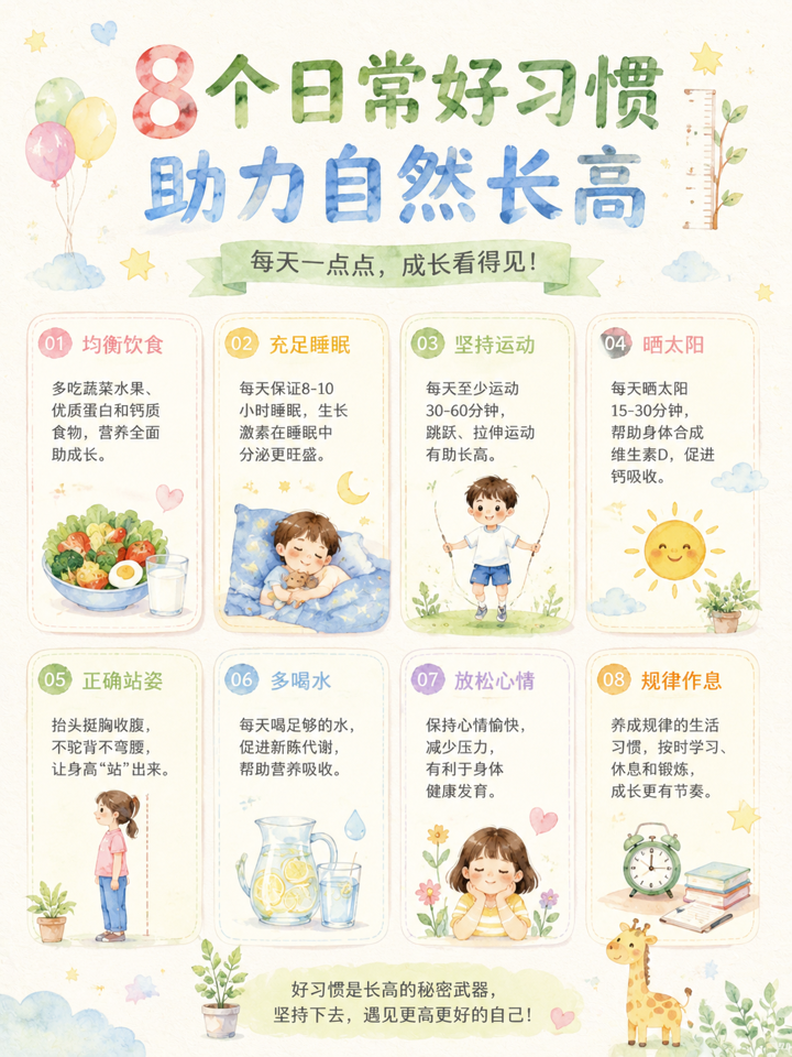 治愈系水彩插画风信息卡片，马卡龙柔和配色，手绘风格，生活方式健康小贴士海报，主题是《8个日常好习惯，助力自然长高》
