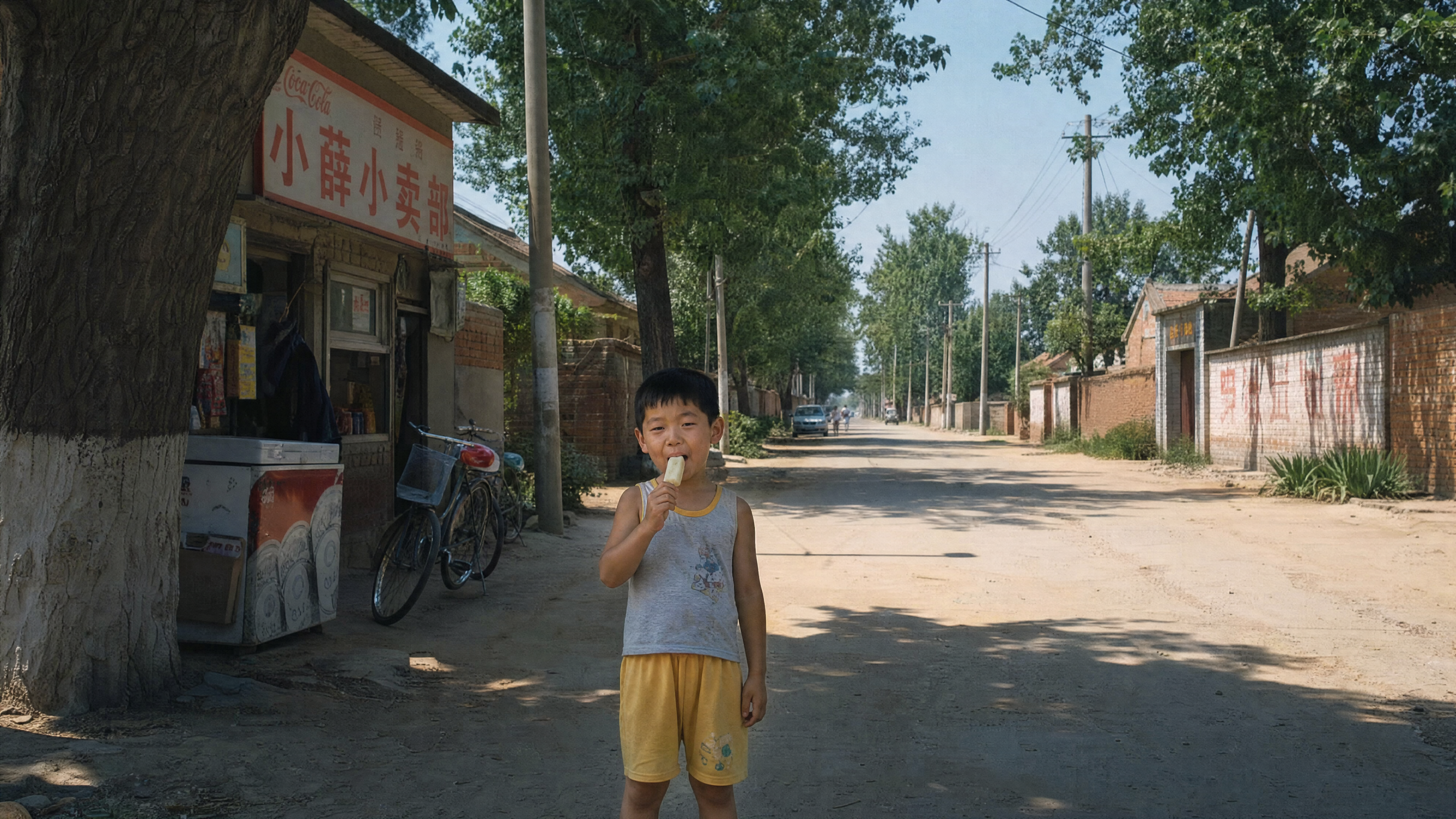 生成一张90年代农村小男孩在农村大街上吃雪糕的图片