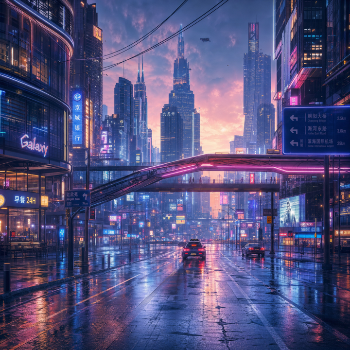 清晨城市街道，马上有不多几辆小汽车，两旁有零星亮灯的店铺，空中有天桥连接马路两边…